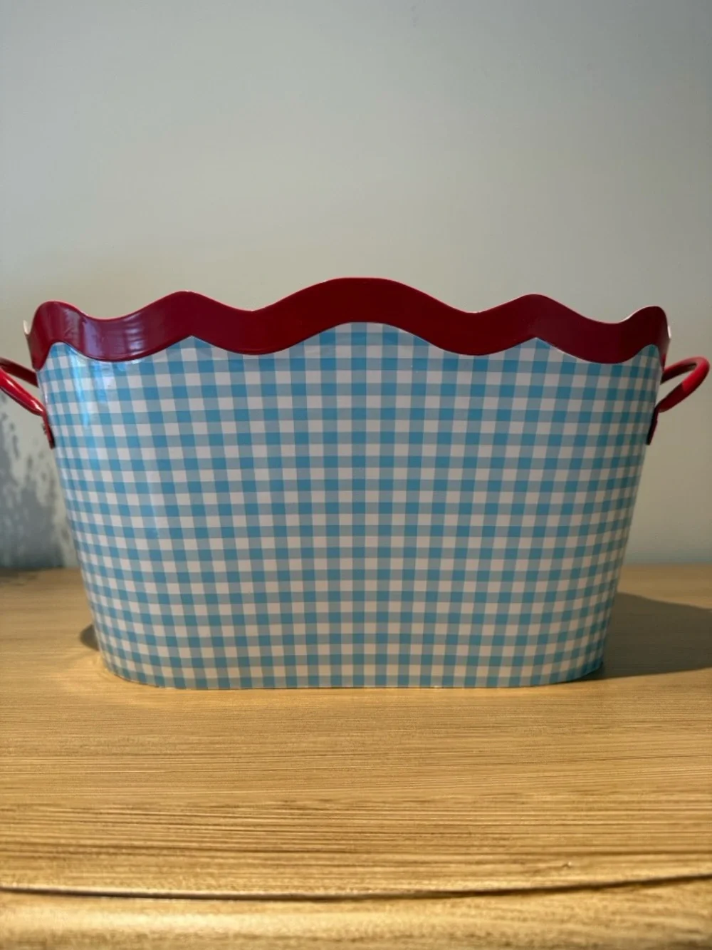 Blue Gingham Metal Bucket with Red Trim - Home Accents